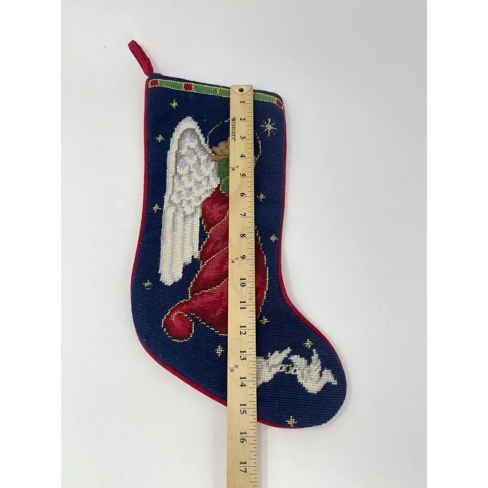 Vintage Needlepoint Christmas Stocking Angel Doves Blue Red Wool Velvet Back